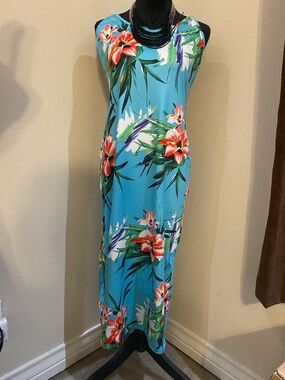 SHEIN Turquoise Floral Maxi Dress with Red-Orange Hibiscus